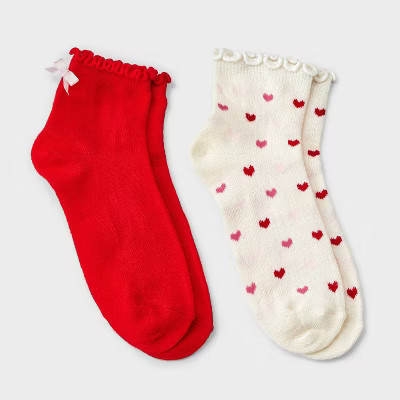 Girls' 2pk Hearts & Bow Ankle Socks - Cat & Jack™ Cream/Red L | Target