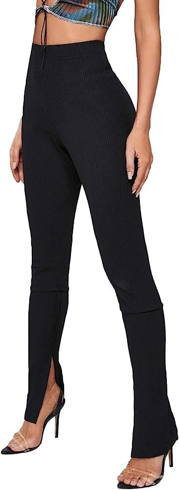 SheIn Women's Split Wide Leg High Elastic Waist Flare Pants Solid Knit Trousers | Amazon (US)