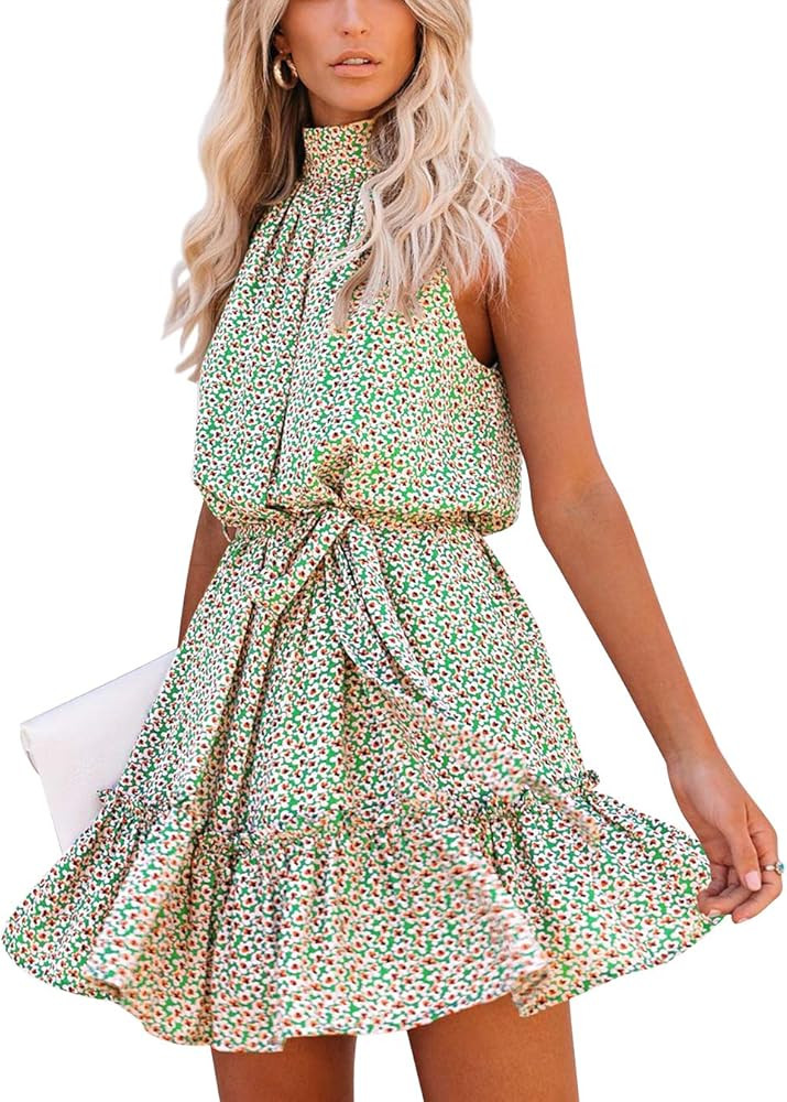 Women’s Sleeveless Halter Neck Tie Waist Floral Print Chiffon Dress | Amazon (US)