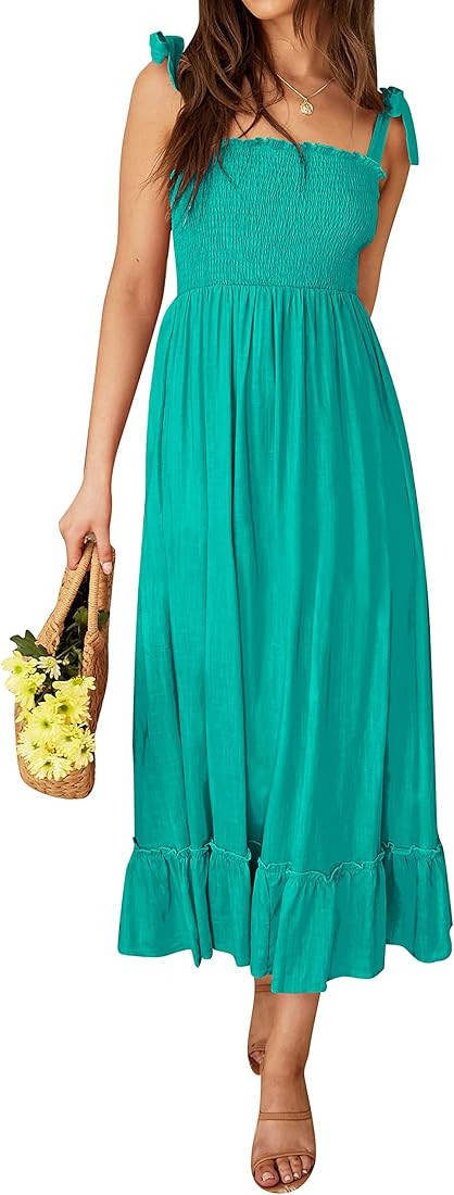 ZESICA Women's 2023 Summer Boho Spaghetti Strap Square Neck Solid Color Ruffle A Line Beach Long ... | Amazon (US)