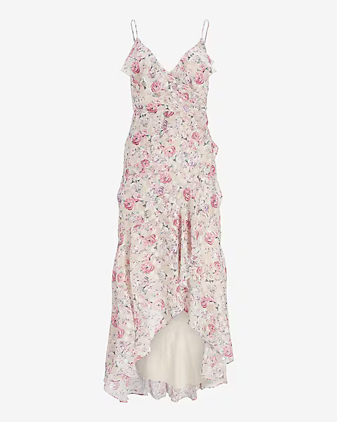 Floral Print Ruffle Faux Wrap Hi-Lo Maxi Dress | Express