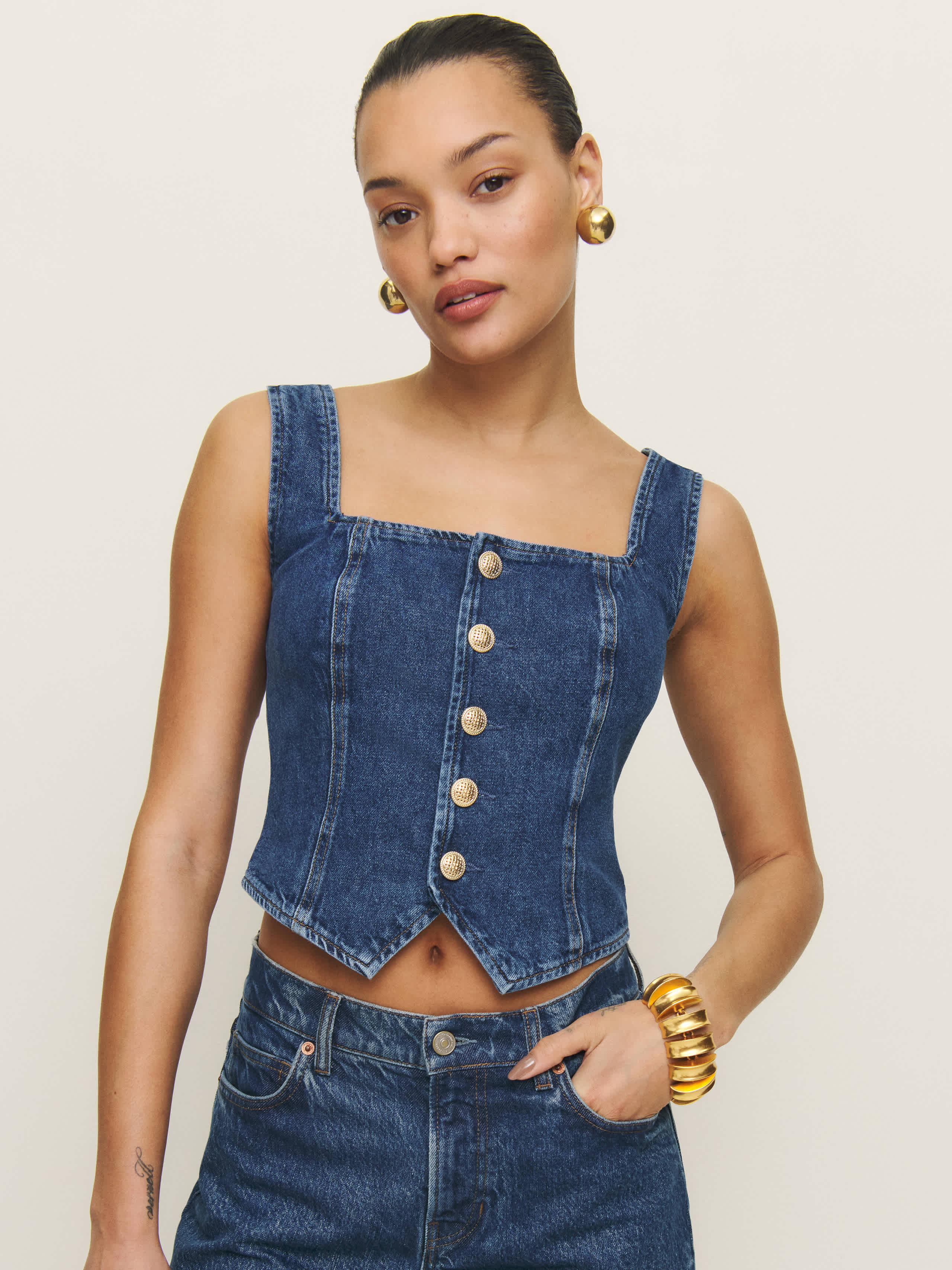 Reformation Bo Denim Top Blue 10 | Reformation (Global)