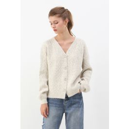 Braid Buttoned Fuzzy Knit Cardigan in Ivory | Chicwish