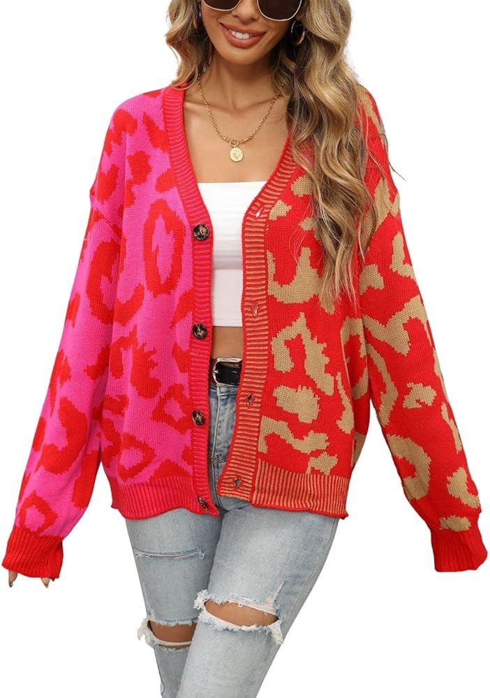 chouyatou Women's Color Block Leopard Print Button Down Long Sleeve Cardigan Sweaters | Amazon (US)