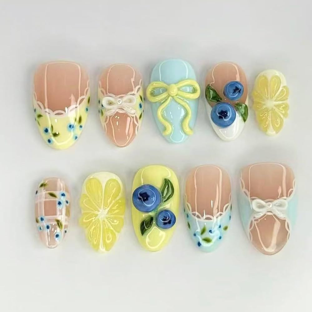 Short Almond Press on Nails Blue Yellow Fake Nails Spring Summer Nails Press ons with Fruit Blueb... | Amazon (US)