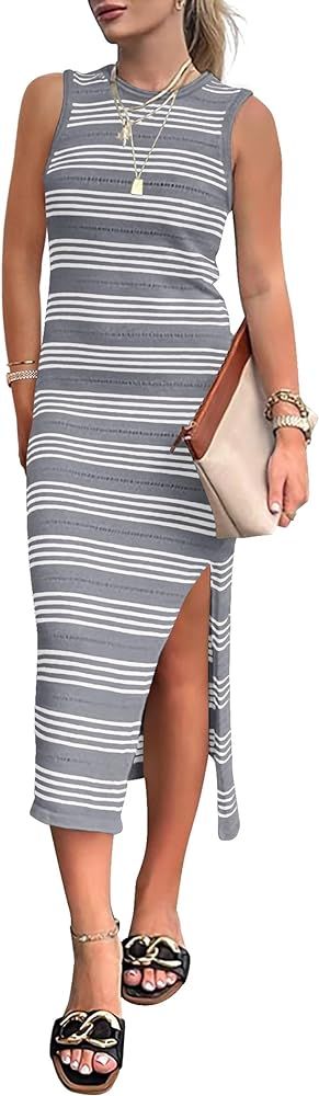 Pretty Garden Womens Knit Side Slit Striped Long Tank Dress | Amazon (US)