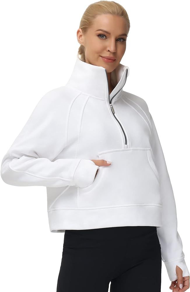 Women's Half Zip Pullover Sweatshirt Fleece Stand Collar Crop Sweatshirt with Pockets Thumb Hole | Amazon (US)