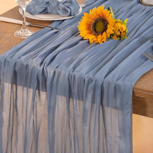 DeZerlor Dusty Blue Cheesecloth Table Runner Summer Sheer Blue Cheese Cloth Table Runner Boho Gauze 120 Inches Summer Table Decorations for Marine Weddings Bridal Baby Shower Birthday Party | Amazon (US)