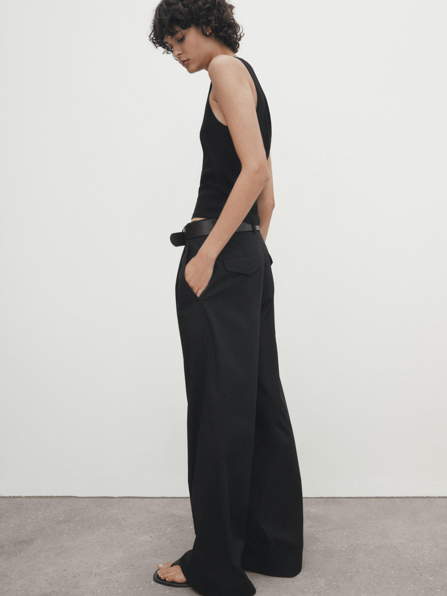 Wide-leg poplin trousers with darts | Massimo Dutti US