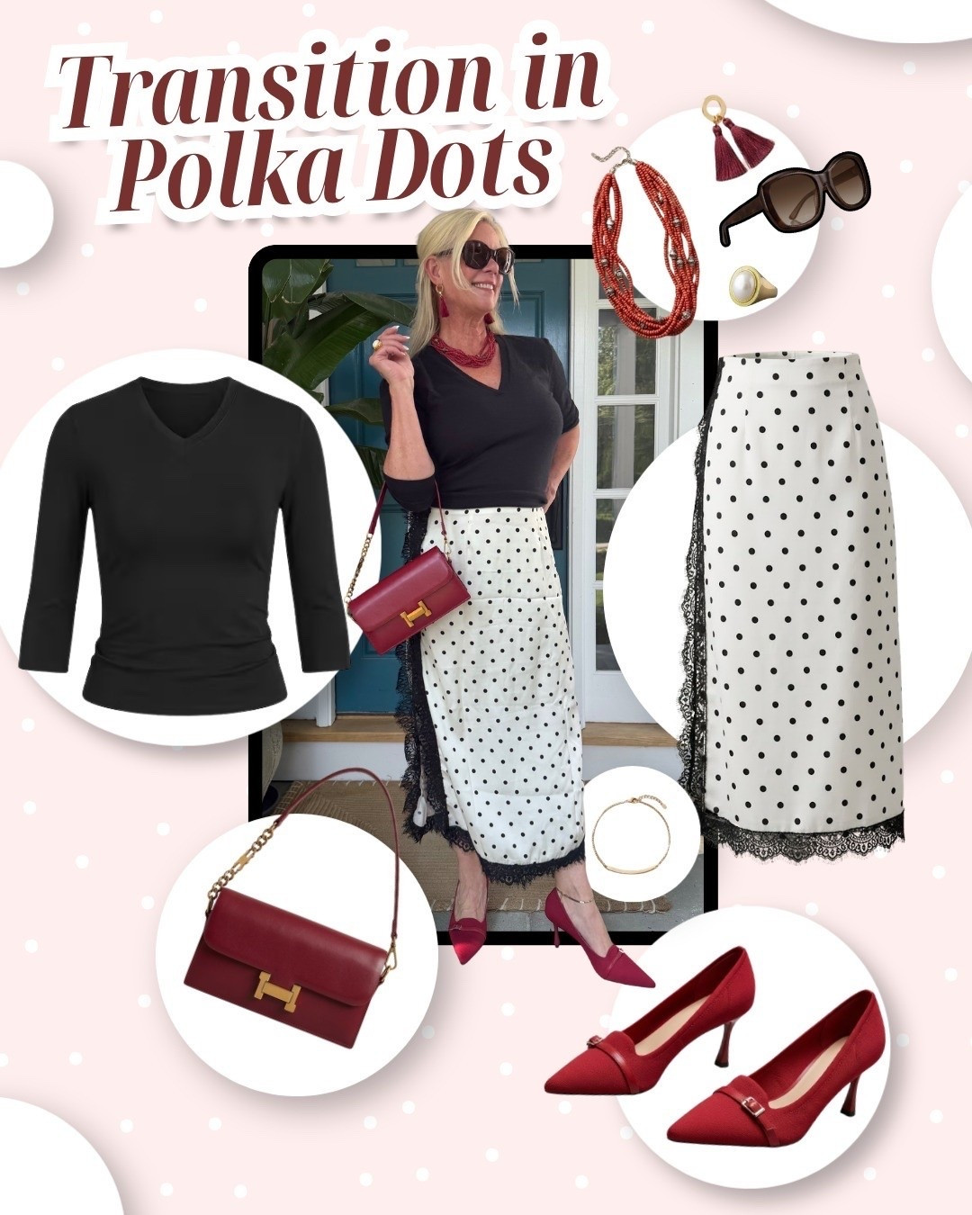 Transitioning into fall with a little polka dot flair. 🖤 A black v-neck top paired with a lace-trimmed polka dot midi skirt, plus a pop of red — bag, necklace, and pumps. Easy, polished, and perfect for fall. Items linked below, similar items included — shop before they sell out! ❤️ #polkadotskirt #falltransition #fallstyle #redaccessories #fashionover50 #LTKover50 #LTKstyletip

#LTKSeasonal #LTKOver40 #LTKootd