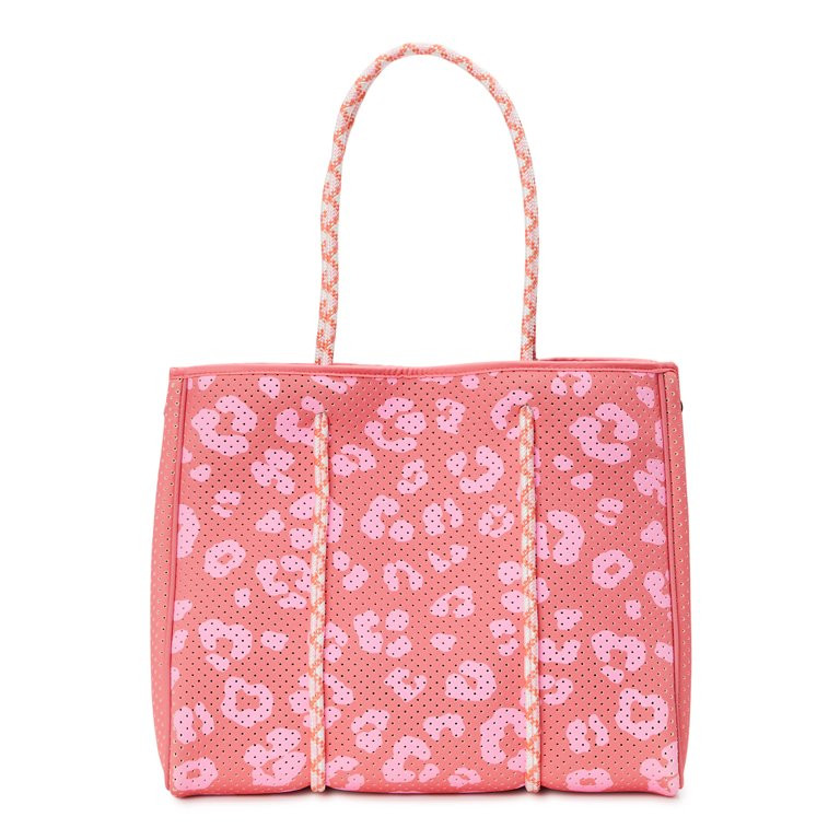 No Boundaries Women's Bold Leopard Print Neoprene Tote Bag with Removable Zipper Pouch, Pink, 2-P... | Walmart (US)