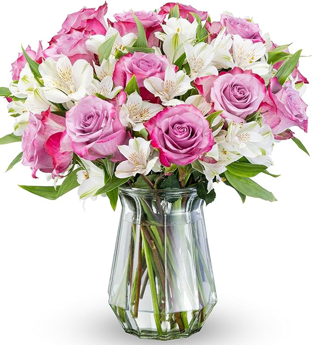 Benchmark Bouquets - Delightful Roses & Alstroemeria (Glass Vase Included) - Fresh Flowers for De... | Amazon (US)
