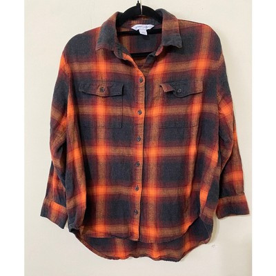 Old Navy Womens Shirt Large Boyfriend Orange Flannel Evermore Swiftie Plaid  | eBay | eBay US