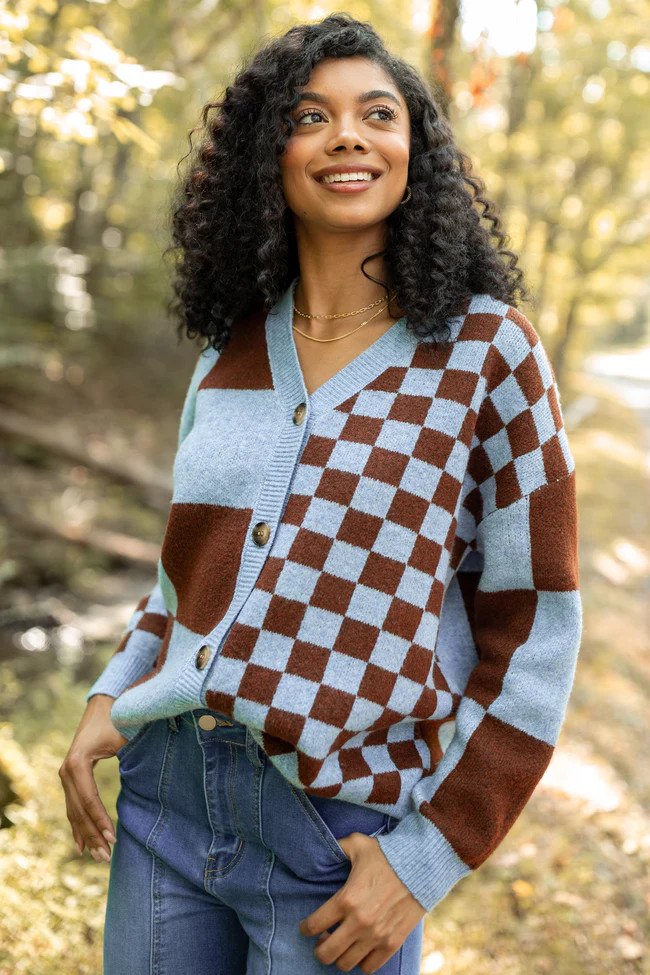 Alyssia Brown And Blue Checkered Cardigan | Pink Lily