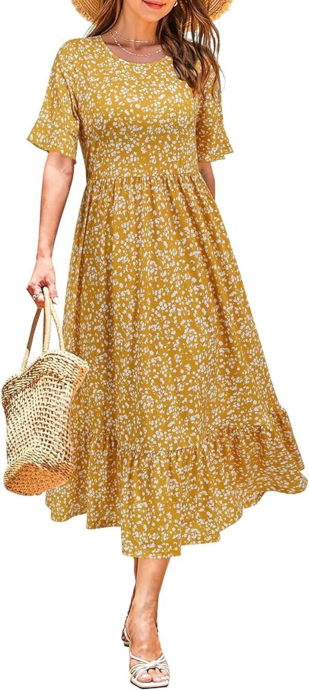 STYLEWORD Women's 2024 Summer Casual Short Sleeve Crewneck Tiered Flowy Midi Dress Long Hawaiian ... | Amazon (US)