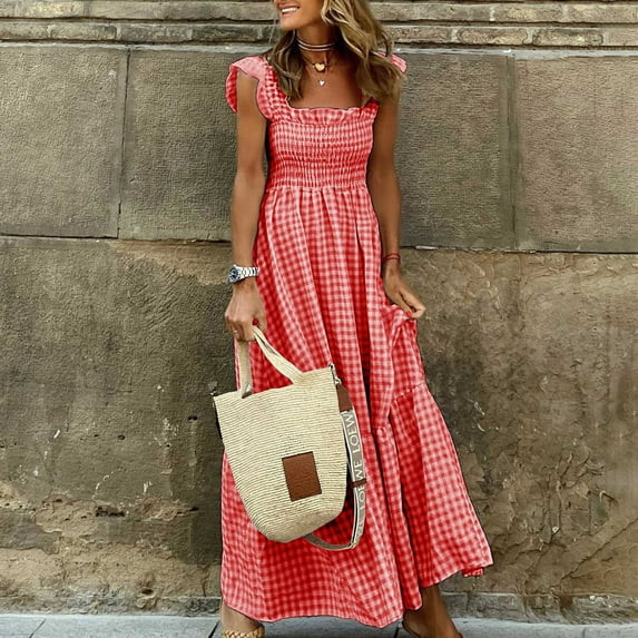 ClodeEU Women's Square Neck Ruffle Strap Tiered Maxi Dress,Casual Loose Flowy Summer Sundress Red... | Walmart (US)
