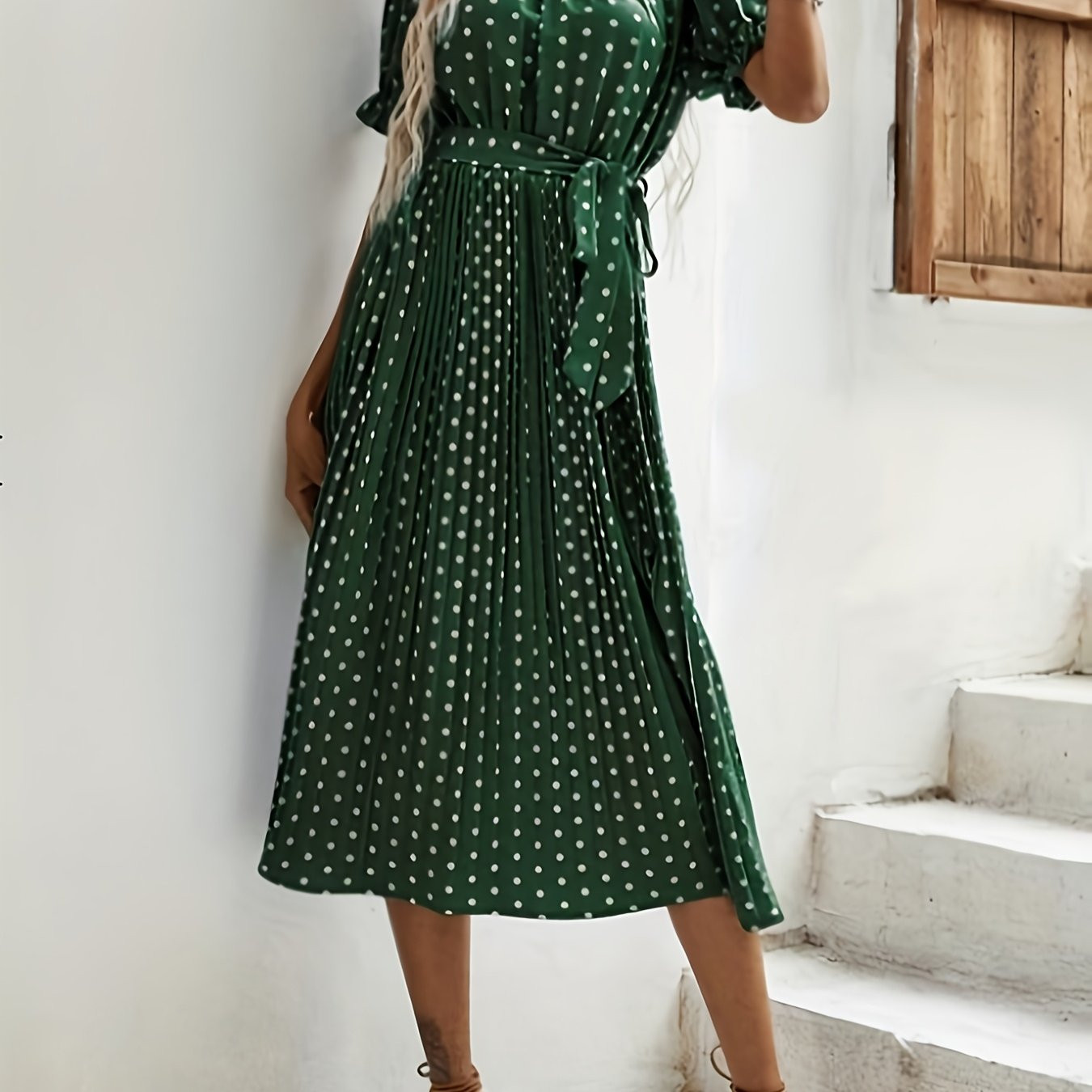 elegant green polka dot midi dress women pleated hem bubble - Temu Canada | Temu Affiliate Program
