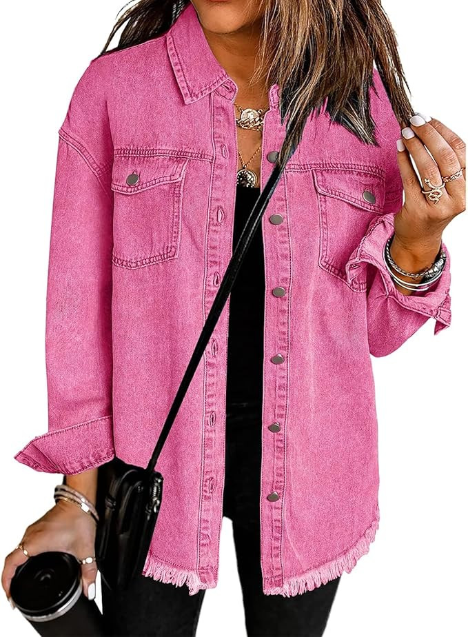 Vetinee Women’s Oversized Button Up Frayed Hem Shacket Long Sleeve Pockets Denim Jean Jacket | Amazon (US)