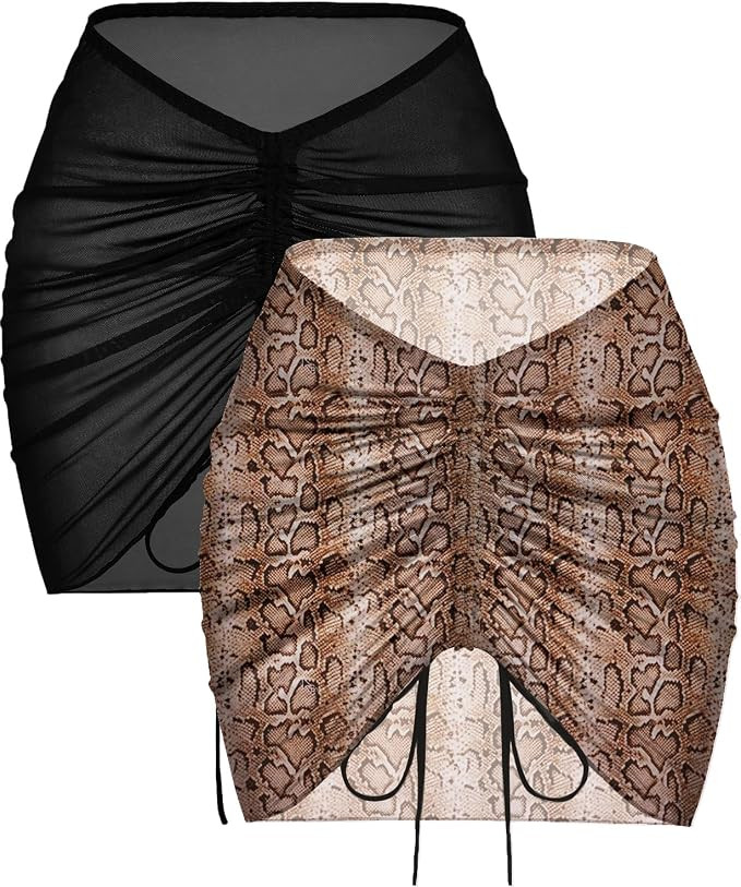 AI'MAGE 2 Pieces Women Beach Sheer Cover Ups Mesh Bikini Wrap Ruched Skirt for Swimwear S-XXL | Amazon (US)