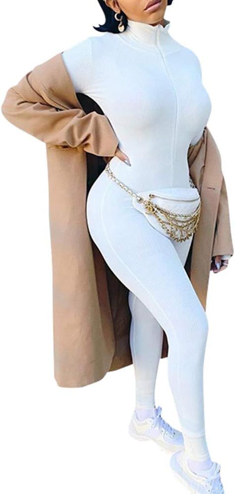 Glamaker Women's One Piece Zip Up Bodycon Jumpsuit Sexy Long Sleeve Turtleneck Onesies Rompers Pl... | Amazon (US)
