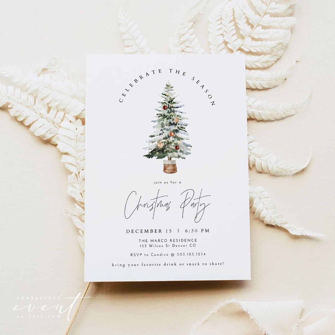 Minimalist Christmas Party Invitation Template, Modern Watercolor Christmas Tree Invite Printable... | Etsy (AU)