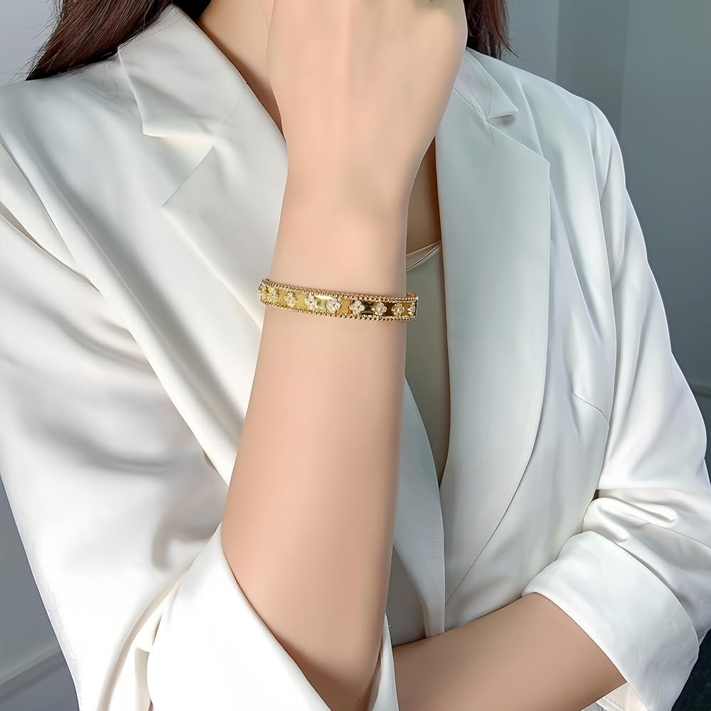 Luxurious 18K Gold Plated CZ Clover Chunky Bracelet for Women | Lucky flower Charm Fashion Jewelr... | Amazon (US)