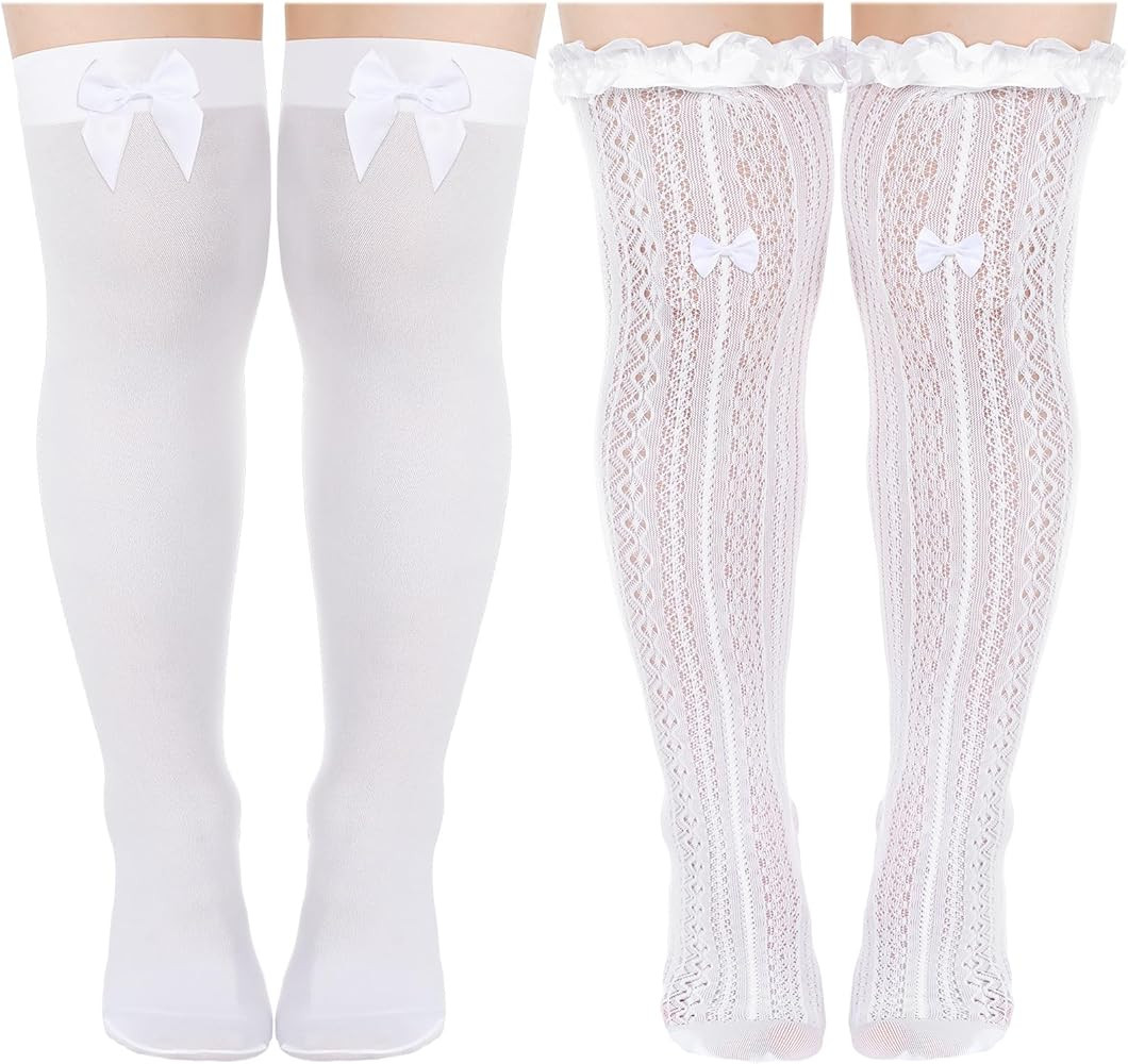 2 Pair Oktoberfest Socks Women Dirndl Socks Lace Plus Size Trim Ruffle Long Bow Satin White Knee ... | Amazon (US)