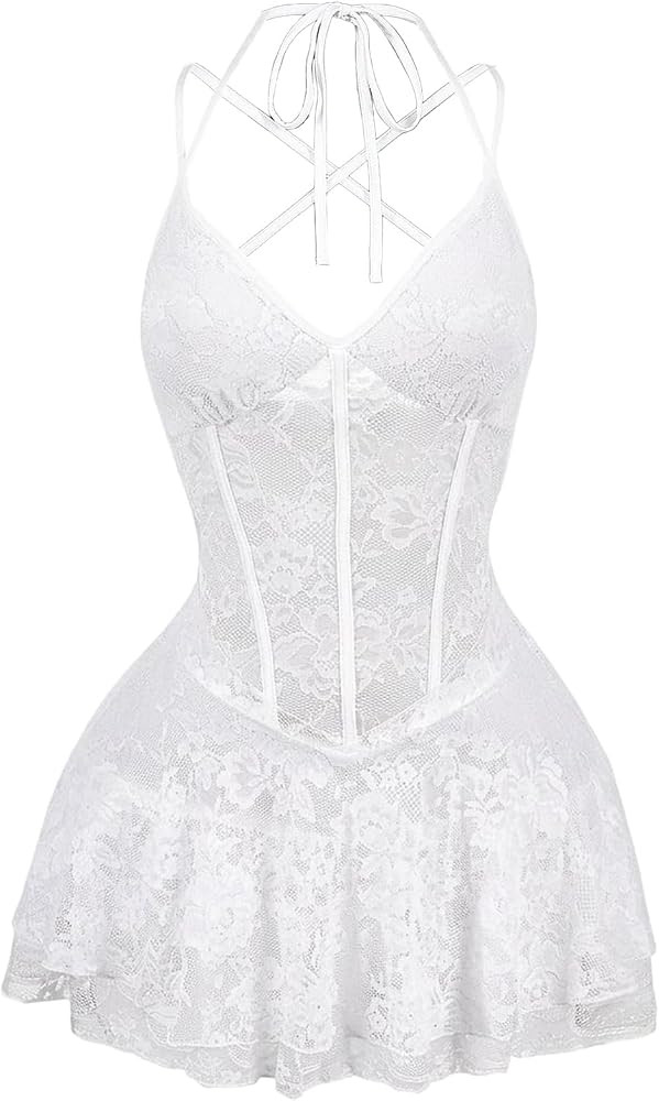 Verdusa Women's Floral Lace Backless Corset Dress Y2k Layered Ruffle Mini Halter Dresses with Sho... | Amazon (US)
