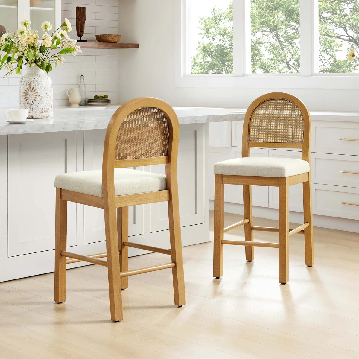 26''H Rattan Bohemian Solid Wood Counter Stool (Set of 2) | Wayfair North America