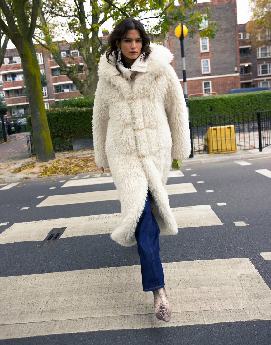 Topshop faux fur duffle hooded long coat in cream-Brown | ASOS (Global)