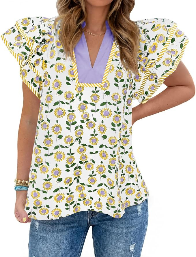 Tankaneo Womens Ruffle Sleeve Floral Blouses Summer Dressy Casual V Neck Tops Loose Fit Pleated F... | Amazon (US)