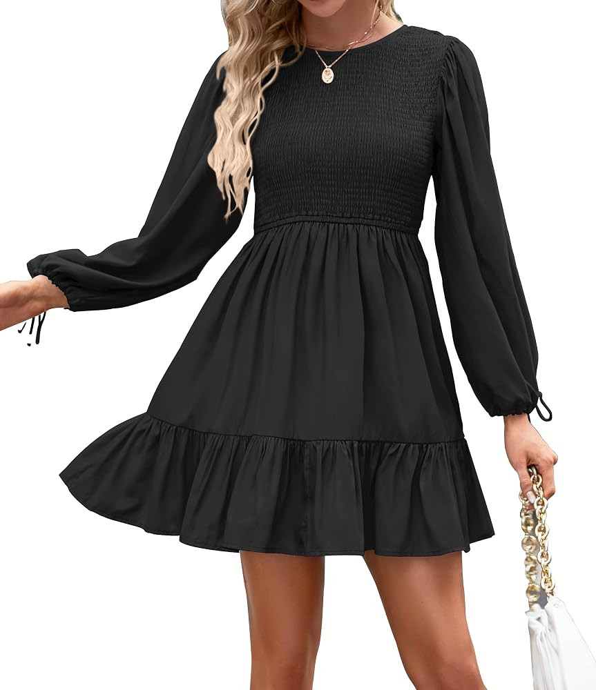 ZESICA Women's 2023 Fall Dress Long Sleeve Smocked Casual Crew Neck Tiered Flowy Wedding Party Mi... | Amazon (US)