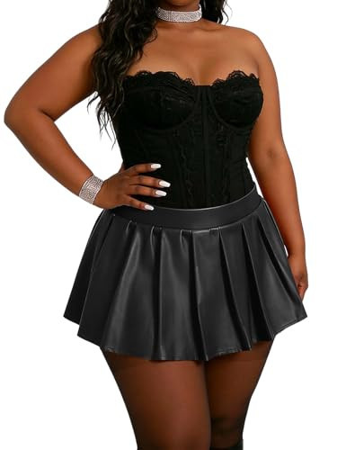Moon Wood Women's Plus Size Pleated Faux Leather Skirt High Waisted A-Line Mini Skirt with Pockets for Concert Night Out Black | Amazon (US)