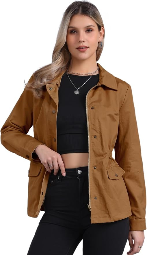 Allegra K Women's Utility Jacket Zip Up Drawstring Waist Snap Buttons Lightweight Anorak Jackets ... | Amazon (US)