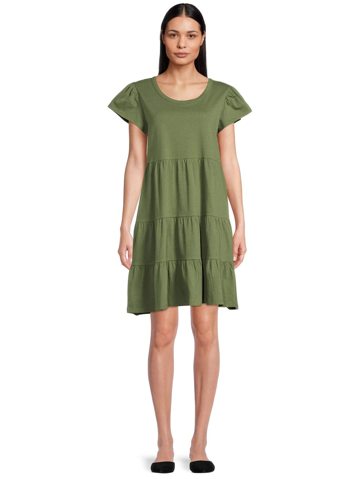 Time and Tru Women's Short Sleeve Tiered Knit Dress | Walmart (US)