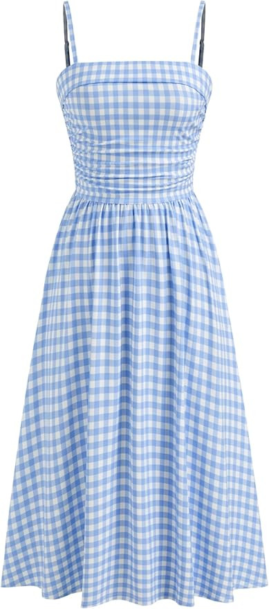 CIDER Women's Summer Gingham Midi Dress Sleeveless Ruched Plaid Dress Spaghetti Strap Dresses Cas... | Amazon (US)