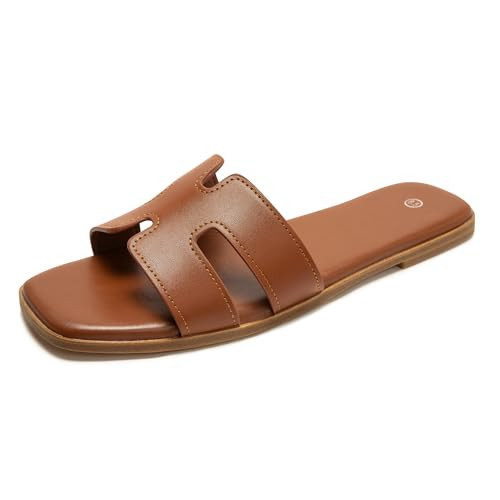 Shion ShaaYii Women's Slide Sandals Comfortable Flat Slip On Leather Sandals (Brown, US Footwear Size System, Adult, Women, Numeric, Medium, 8.5) | Amazon (US)