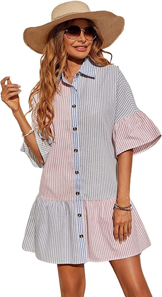WDIRARA Women's Button Front Half Sleeve Ruffle Hem Striped Short Dress | Amazon (US)