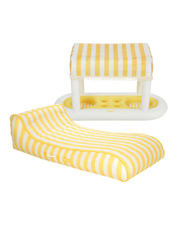 Yellow Striped Cabana Fabric Sunbed Lounger + Cabana Bar | FUNBOY