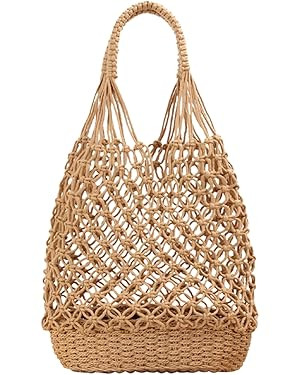 NIBD Women's Beach Straw Handbag Woven Tote Fishing Net Beach Bag Large Capacity Mesh Rope Combin... | Amazon (US)