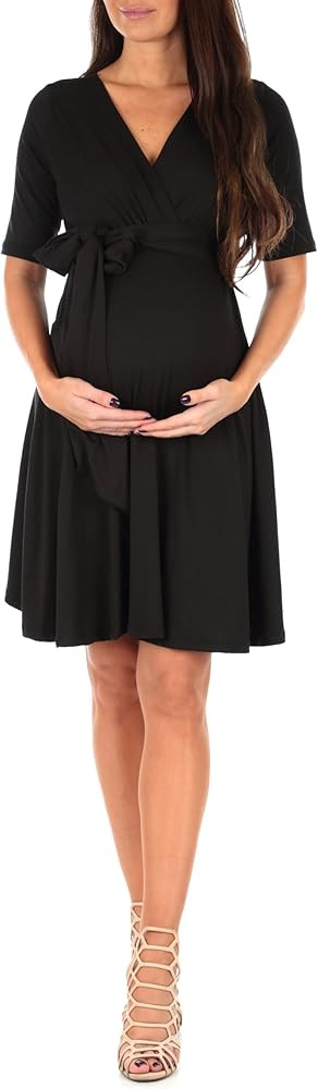Mother Bee Maternity Knee Length Wrap Dress with Adjustable Belt | Amazon (US)