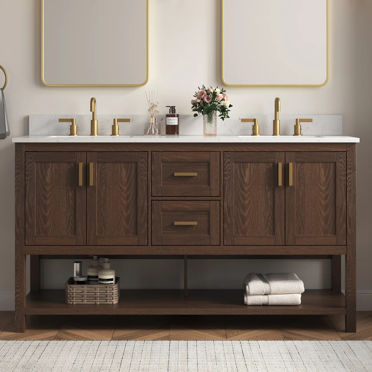 Aastha 61" Freestanding Walnut Bathroom Vanity With Double Sinks & Engineered Stone Top | Wayfair North America