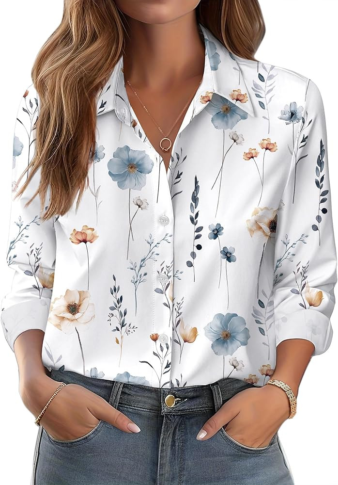 Zeagoo Button Down Shirts for Women Dressy Floral Printed Long Sleeve Blouse Business Casual Work... | Amazon (US)