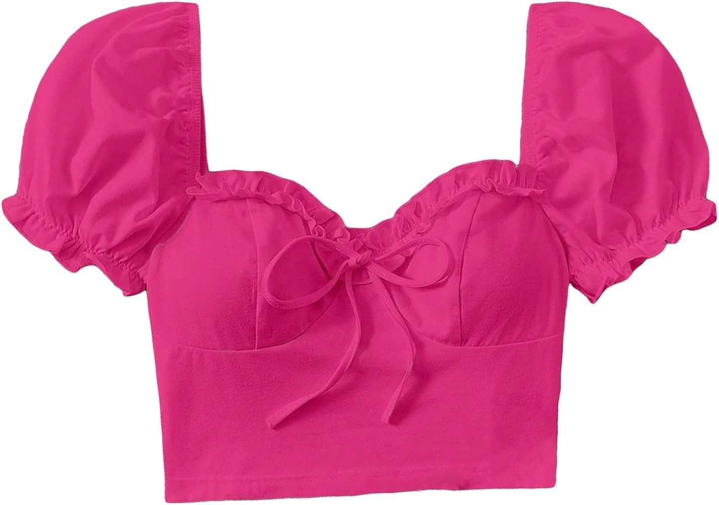 Verdusa Women's Frill Trim Sweetheart Neck Tie Front Short Puff Sleeve Crop Blouse Top | Amazon (US)