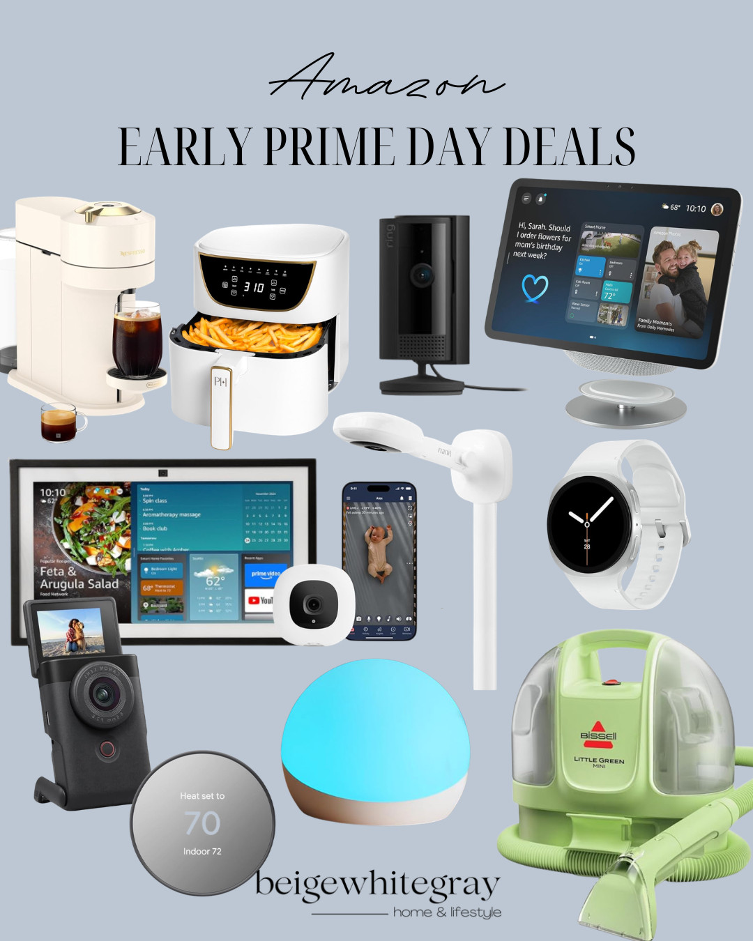 Amazon Prime Day deals, Amazon tech deals, smart home devices, Echo Show, Ring camera, Nest thermostat, smart thermostat, Galaxy watch, wearable technology, Nespresso machine, coffee maker deals, air fryer deals, baby monitor, home security camera, smart lighting, LED smart lamp, digital photo frame, content creator camera, portable camera, home cleaning gadgets, Bissell Little Green, carpet cleaner, tech gifts, smart home essentials, Amazon best sellers, Prime Day finds, electronics deals, home technology, family tech favorites, Amazon must haves, tech deals 2026

#LTKSaleAlert