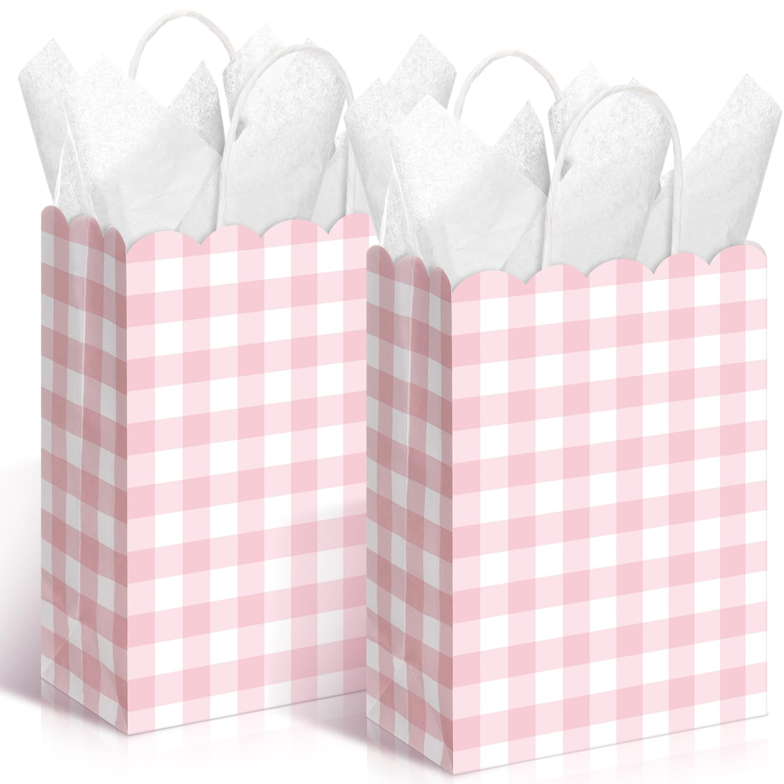 Kolldenn 24 Pcs Pink Gingham Party Supplies Gift Bags with Handles Kraft Paper Checkered Plaid Tr... | Amazon (US)