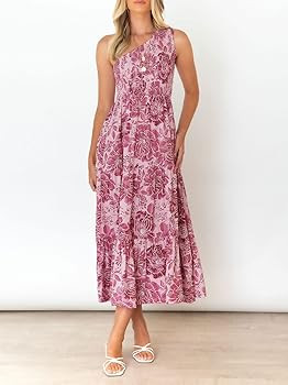 ZESICA Women's Bohemian Summer Floral Print One Shoulder Sleeveless Smocked Ruffle Tiered Beach L... | Amazon (US)