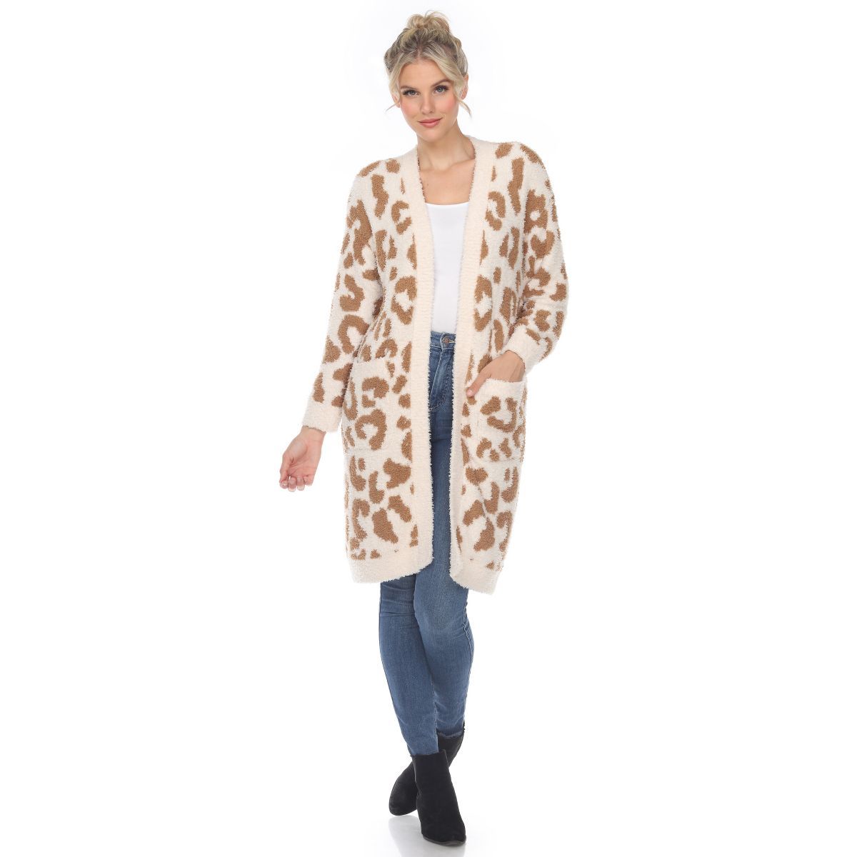 Women's Leopard Print Open Front High Pile Fleece Coat - White Mark | Target