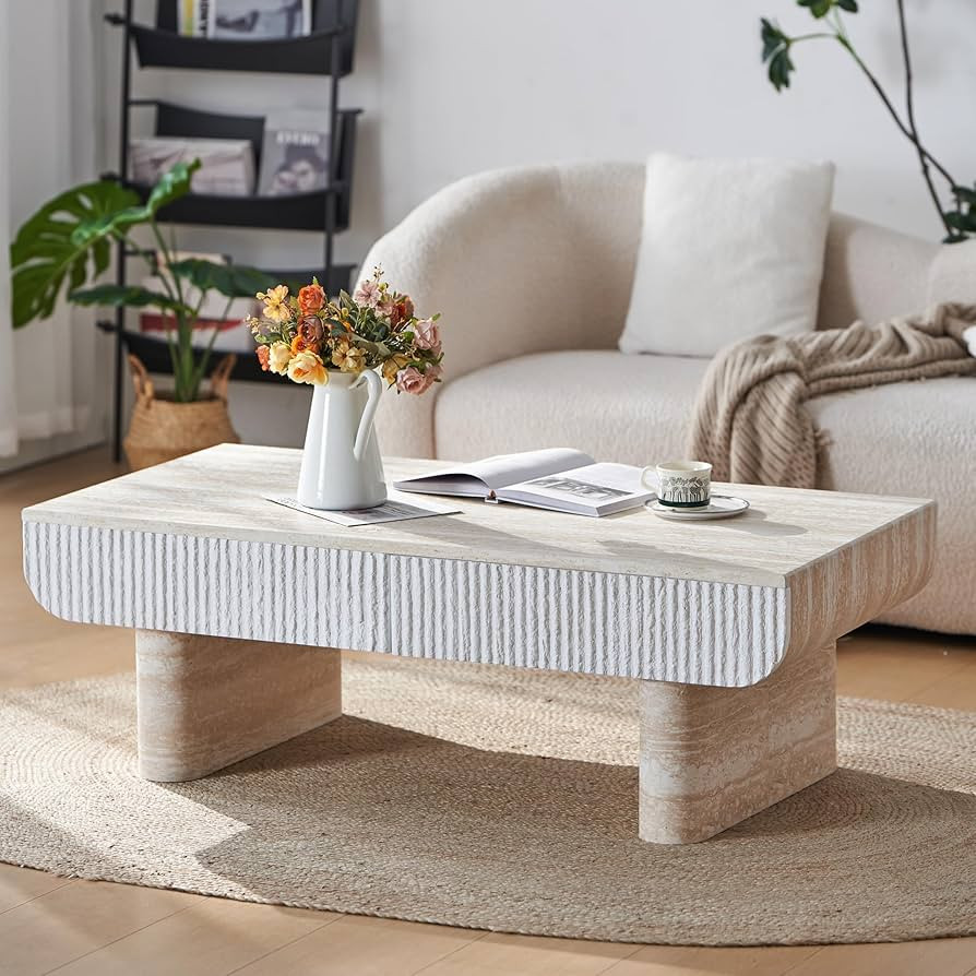 Faux Travertine Coffee Table with Drawers, Modern Minimalism Coffee Table with Stone-Like Finish ... | Amazon (US)