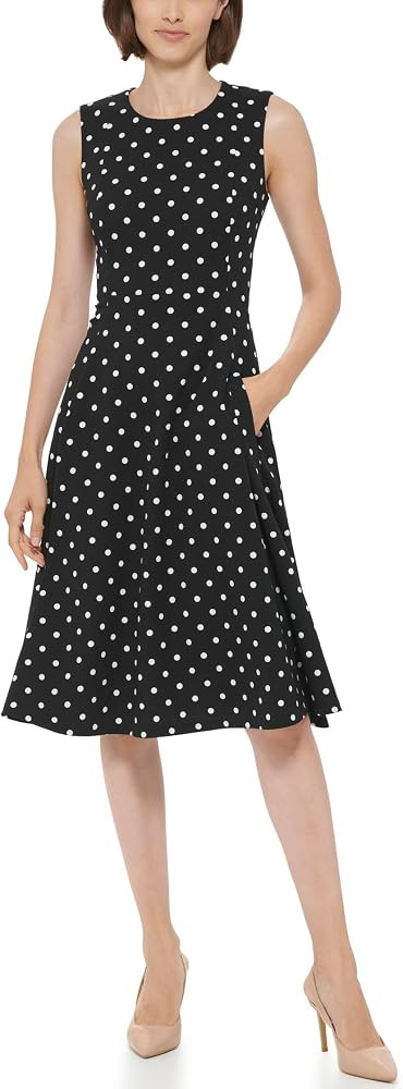 Calvin Klein Women's Sleeveless Round Neck Crepe Knee Length Fit & Flare Dress | Amazon (US)
